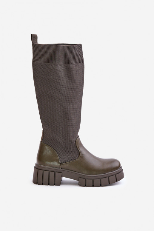 Stiefel Mit flexibler Oberseite mit breiten Absätzen Khaki-Farbe-Farbe Mesidra Stiefel Mit flexibler Oberseite mit breiten Absätzen Khaki-Farbe-Farbe Mesidra