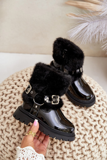 avec effet vernis Bottes Puéril avec un manteau de fourrure I avec bouclesmi couleur noire Cartemes