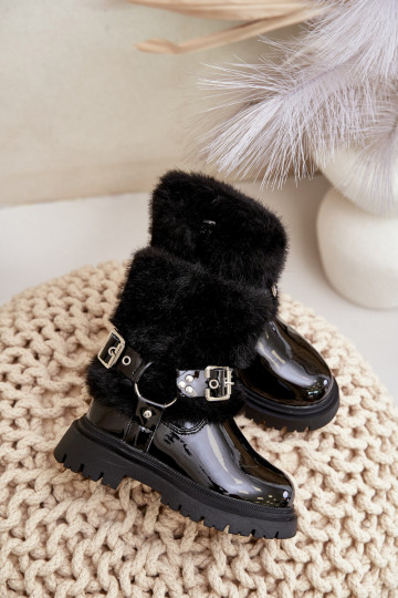 avec effet vernis Bottes Puéril avec un manteau de fourrure I avec bouclesmi couleur noire Cartemes 2