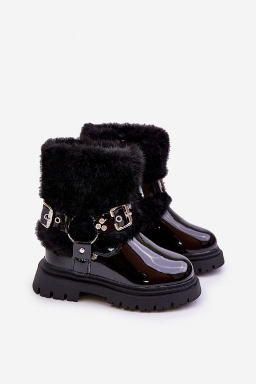 avec effet vernis Bottes Puéril avec un manteau de fourrure I avec bouclesmi couleur noire Cartemes