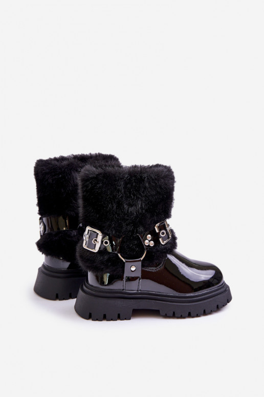 avec effet vernis Bottes Puéril avec un manteau de fourrure I avec bouclesmi couleur noire Cartemes
