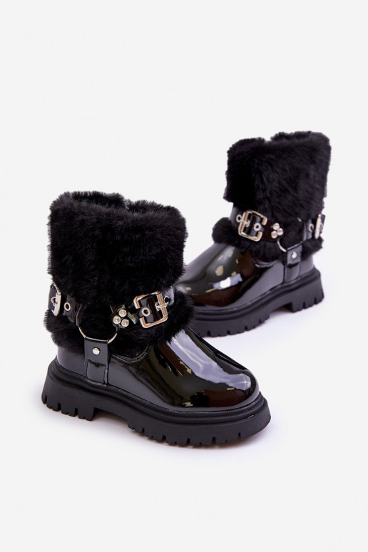 avec effet vernis Bottes Puéril avec un manteau de fourrure I avec bouclesmi couleur noire Cartemes