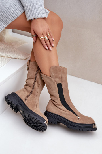 Bottines chauffantes en daim à talons larges couleur beige Palimra