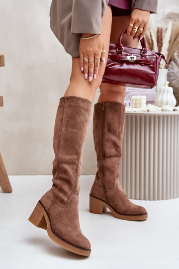 Bottes fourrées à talons en daim écologique de couleur marron Leamirael 2