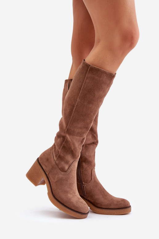 Bottes fourrées à talons en daim écologique de couleur marron Leamirael