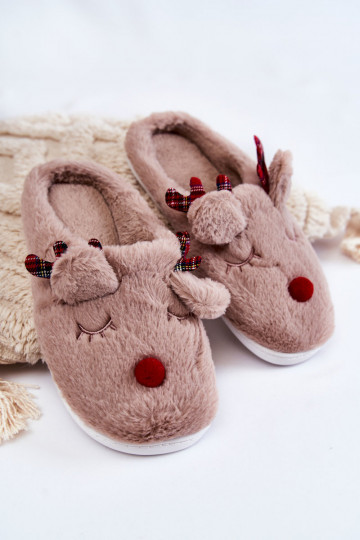Féminin Noël avec un manteau de fourrure chaussons avec des cerfs beige Clarie 2