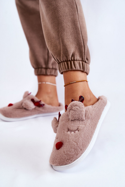 Dames Kerstmis met bont slippers met herten beige Clarie Dames Kerstmis met bont slippers met herten beige Clarie