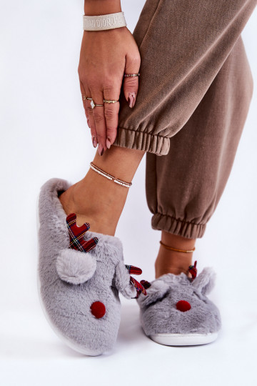 Dames Kerstmis met bont slippers met herten grijs Clarie