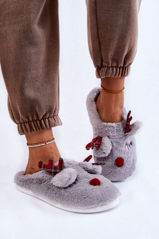 Dames Kerstmis met bont slippers met herten grijs Clarie Dames Kerstmis met bont slippers met herten grijs Clarie