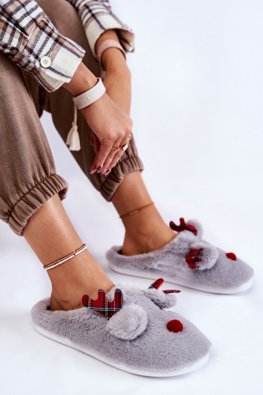 Dames Kerstmis met bont slippers met herten grijs Clarie Dames Kerstmis met bont slippers met herten grijs Clarie