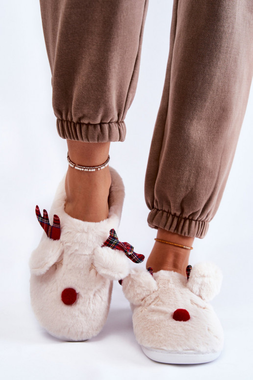 Dames Kerstmis met bont slippers met herten crème kleuren Clarie Dames Kerstmis met bont slippers met herten crème kleuren Clarie