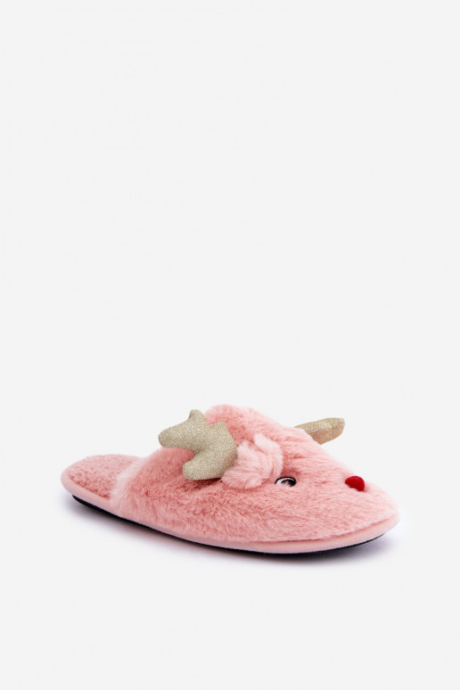 Kerstslippers met een rendier-thema met bont in roze kleur Asielle