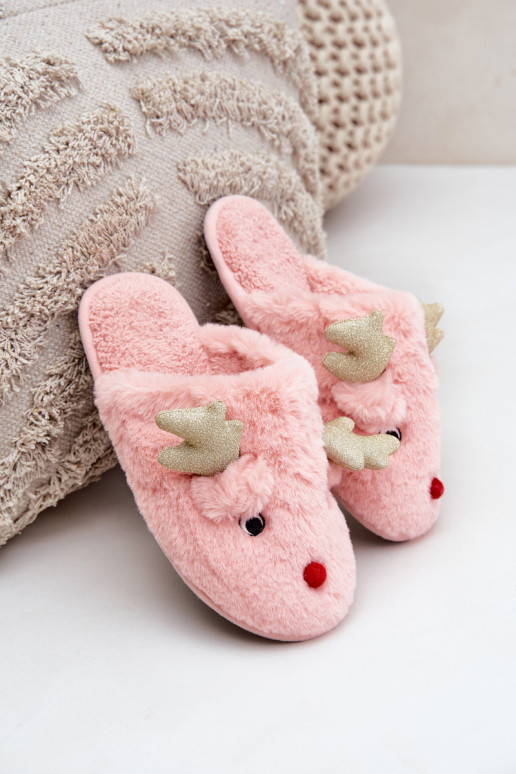 Slippers Kerstmis Met Thema Rendier met bont roze Asielle Slippers Kerstmis Met Thema Rendier met bont roze Asielle