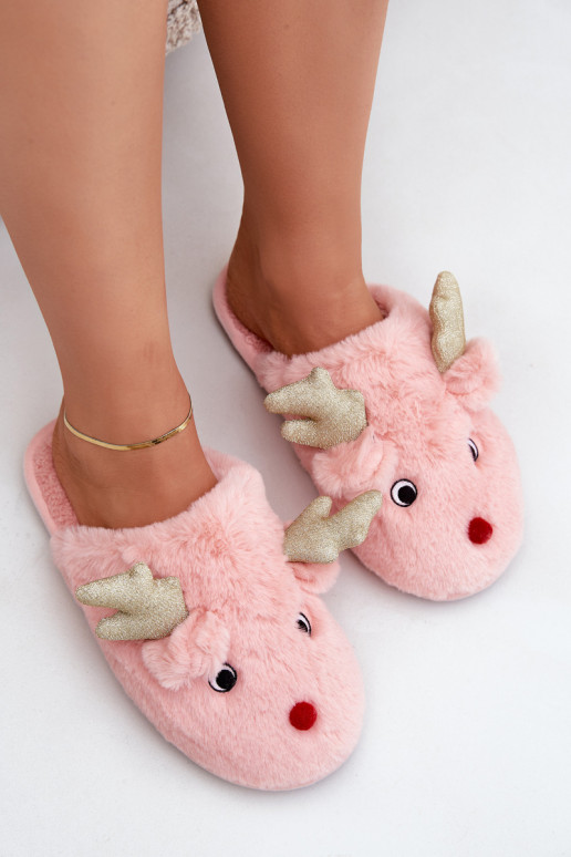 Kerstslippers met een rendier-thema met bont in roze kleur Asielle