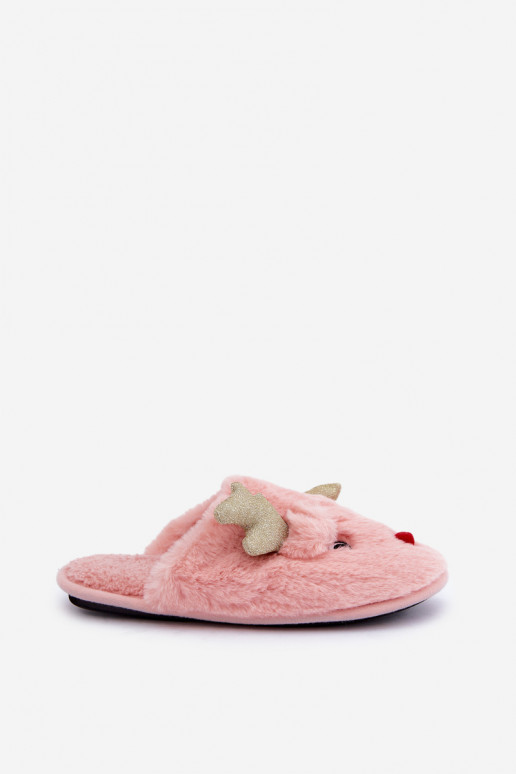 Chaussons de Noël avec motif rennes et fourrure rose Asielle