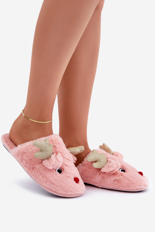 Kerstslippers met een rendier-thema met bont in roze kleur Asielle
