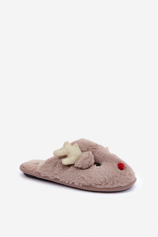 Kerstslippers met een rendier-thema met bont in zandkleur Asielle