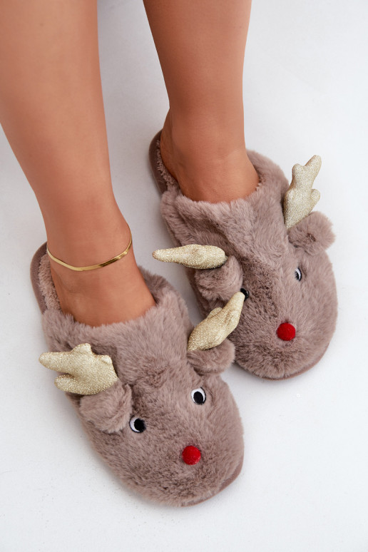 Kerstslippers met een rendier-thema met bont in zandkleur Asielle