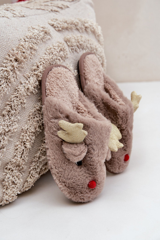 Kerstslippers met een rendier-thema met bont in zandkleur Asielle