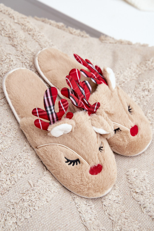 Kerstslippers met een rendier-thema in zandkleur Sylaia