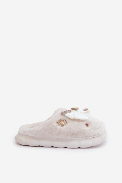 Slippers met strikken en bont in witte kleur Annalira