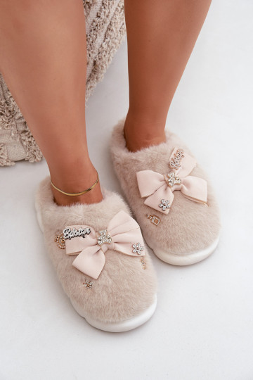 met bont Slippers met linten I Przypinkami beige Annalira