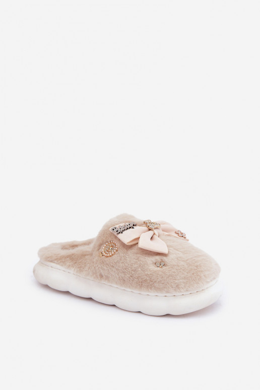 Slippers met strikken en bont in zandkleur Annalira