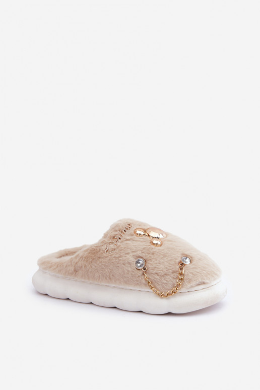 Chaussons avec fourrure et nœuds couleur sable Ivelfedi