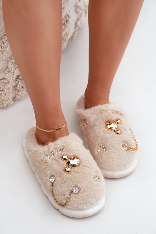 Slippers met strikken en bont in zandkleur Ivelfedi