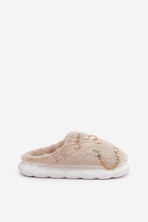 Chaussons avec fourrure et nœuds couleur sable Ivelfedi