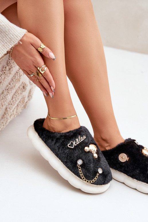 Slippers met strikken en bont in zwarte kleur Ivelfedi