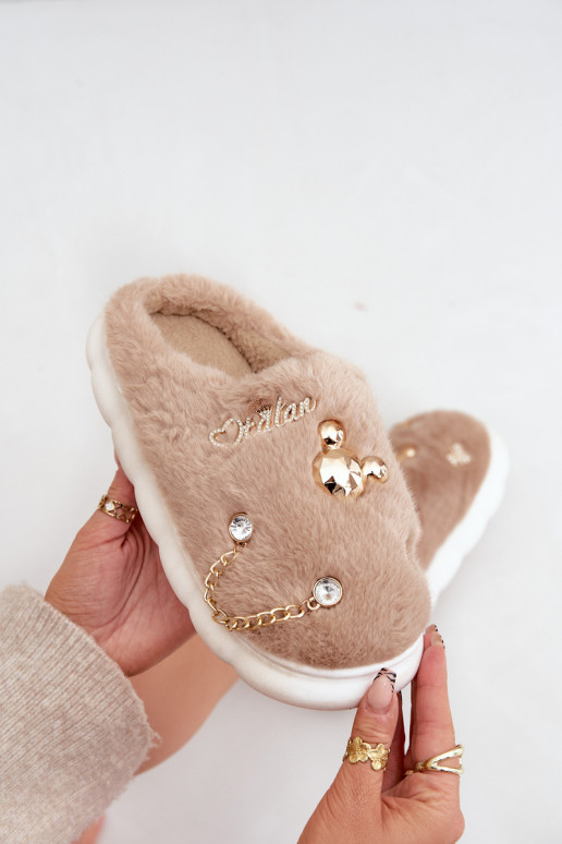 Slippers met strikken en bont in zandkleur Ivelfedi