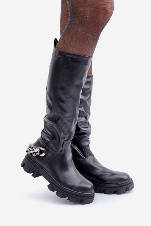 Bottes longues à talons larges avec chaînes couleur noire Įjungtauricette