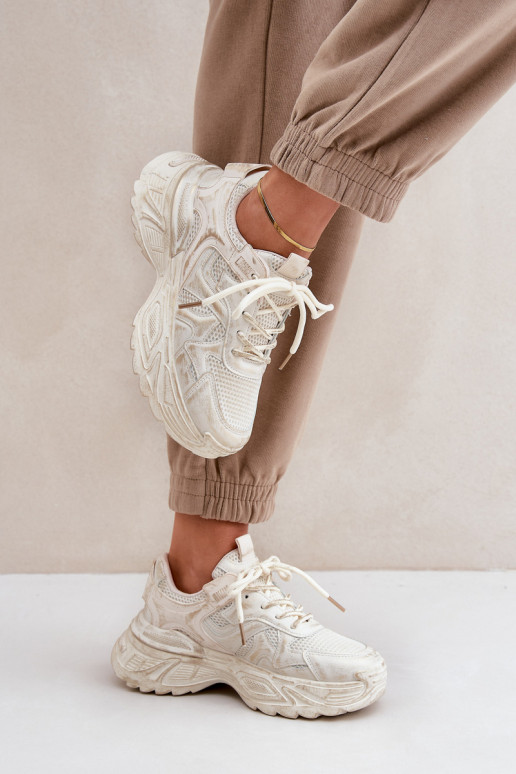 Chaussures modèle baskets Féminin Z Przetarciami avec une plateforme beige SeladÀen
