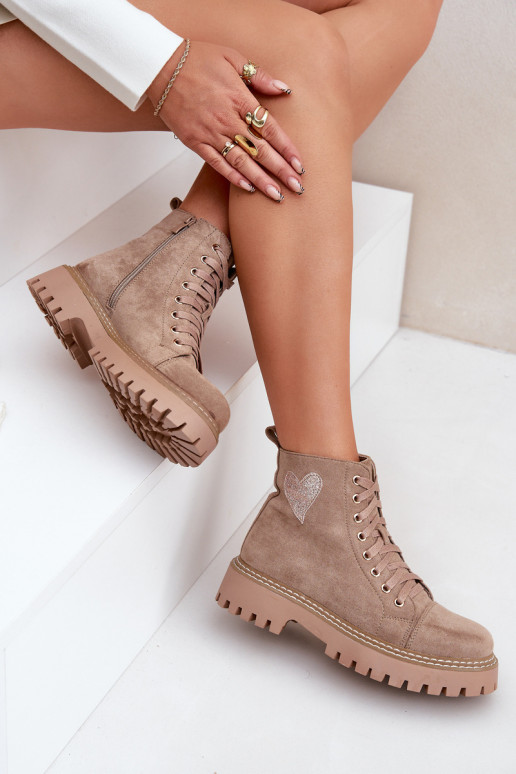 Bottines pour femmes avec strass et cœurs couleur sable Įjungtariri
