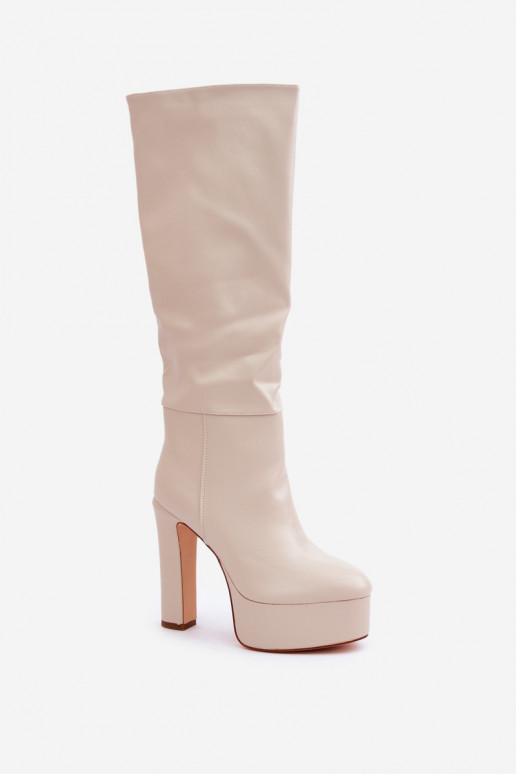 Overknee-Stiefel mit Absatz und Plattform aus Eco-Leder in Elfenbeinfarben Felilorn