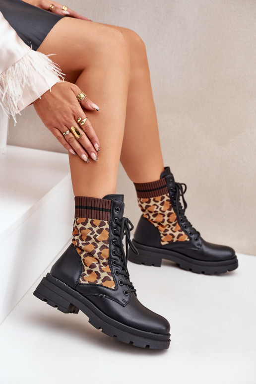 Bottes de travail pour femmes avec tige type chaussette en léopard noires Penthis