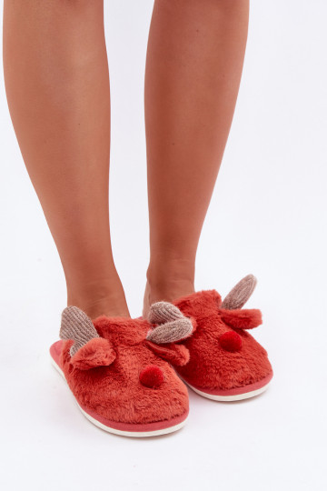 Chaussons pour femmes avec fourrure sur le thème des rennes couleur corail Sennalith