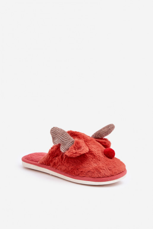 Chaussons pour femmes avec fourrure sur le thème des rennes couleur corail Sennalith
