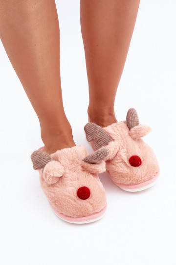 Chaussons pour femmes avec fourrure sur le thème des rennes couleur rose Sennalith