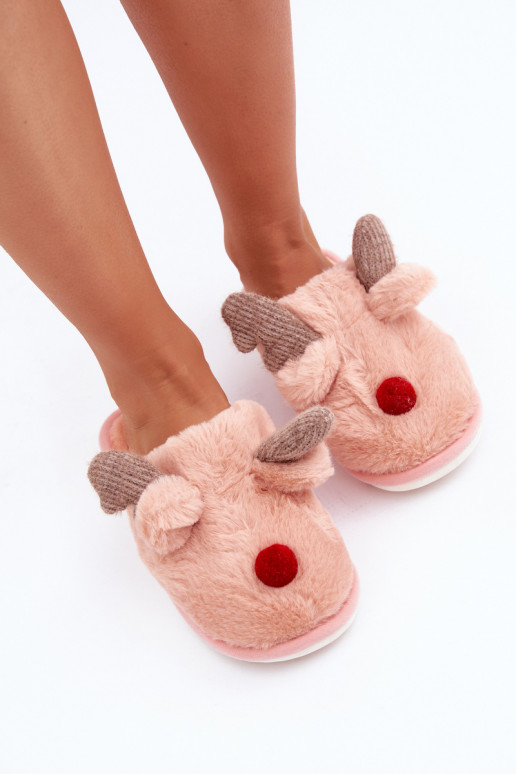 Dames slippers met bont en noordse rendierthema in roze Sennalith