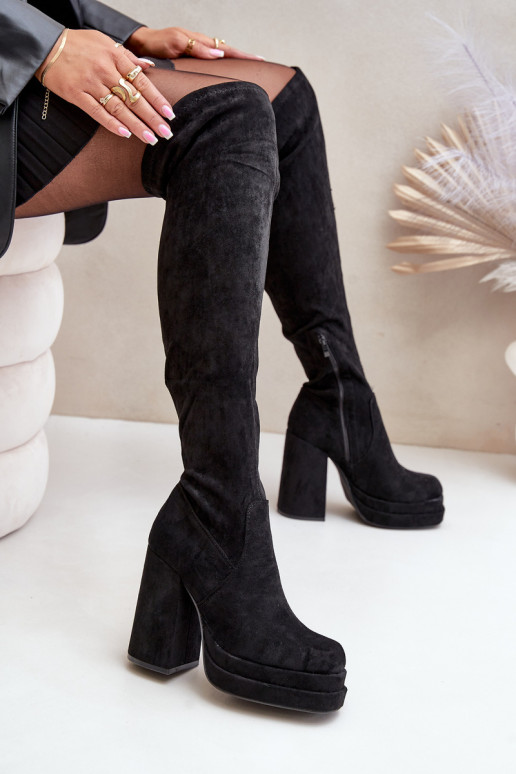 Bottes hautes avec empiècement au-dessus du genou à talons et plateforme noires Nadelian