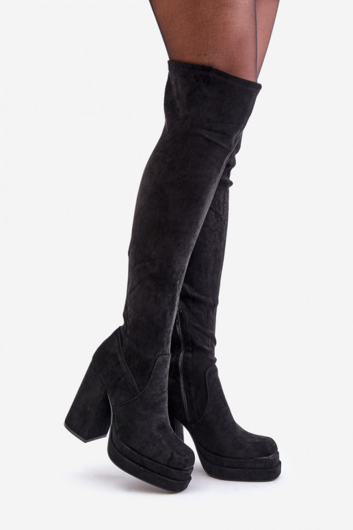 Bottes hautes avec empiècement au-dessus du genou à talons et plateforme noires Nadelian