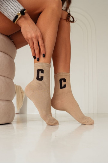 Chaussettes en coton pour femmes avec lettre C beiges