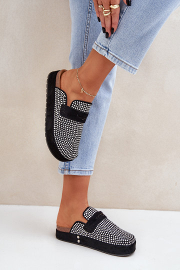 Damenhausschuhe Dekoriert Cyrkoniami mit einer Plattform schZuarze Farbe Deorani 2