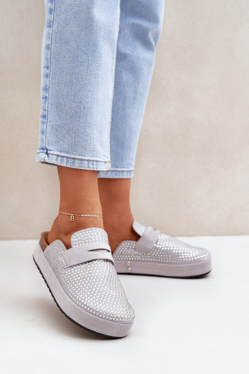 Dames slippers Versierd met Zirkonia's met platform in grijze kleur Deorani