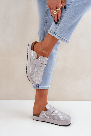 Dames slippers Versierd met Zirkonia's met platform in grijze kleur Deorani 2
