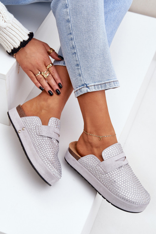 Damespantoffels Versierd Cyrkoniami met platform grijs Deorani