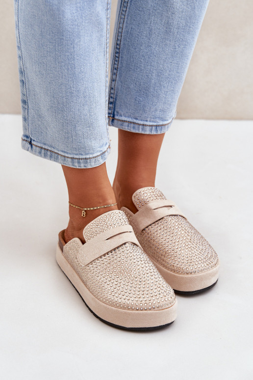 Damenhausschuhe Dekoriert Cyrkoniami mit einer Plattform Beige Deorani