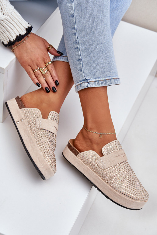 Damenhausschuhe Dekoriert Cyrkoniami mit einer Plattform Beige Deorani